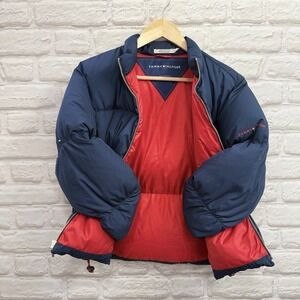 Vtg Y2K Tommy Hilfiger Down Puffer Coat Navy Woman's Sz L Warm Winter Jacket